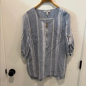 Ellen Tracy linen Casual Blue and White Striped Shirt size large